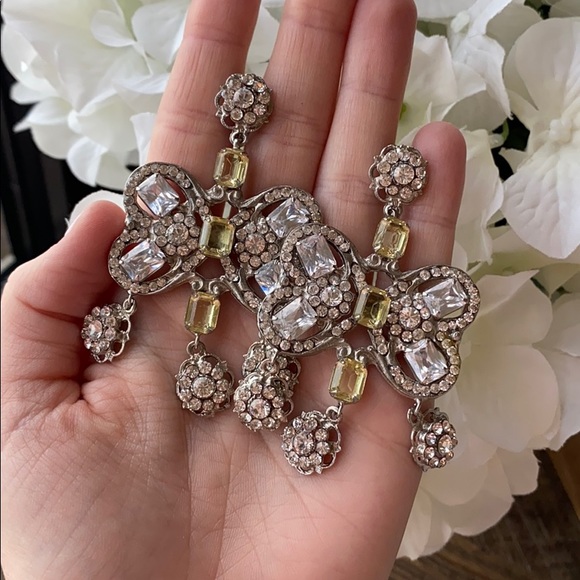 Edidi 🦋Silver Yellow & White Gemstone Clip Dangle Earrings - Picture 7 of 8